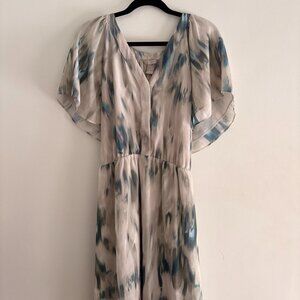 H&M Chiffon Mini Dress XXL Blue Watercolor Print Tie Waist Flutter Sleeve